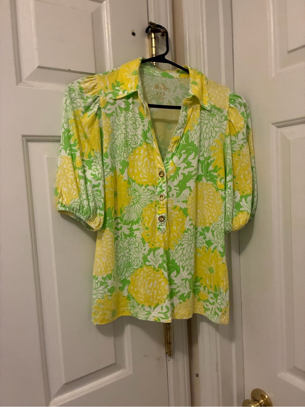 Lilly Pulitzer Yellow and Green Floral Puff-Sleeve Blouse